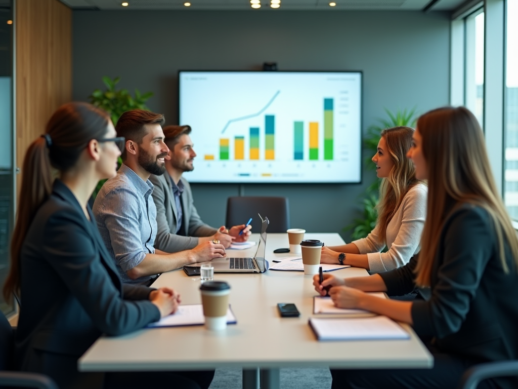 Group of professionals in a meeting discussing a graph displayed on a screen.