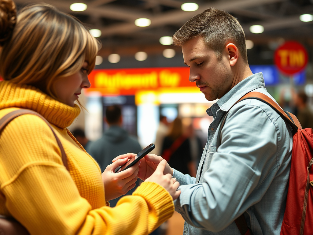 A woman in a yellow sweater shows something on her phone to a man in a light blue shirt and backpack.