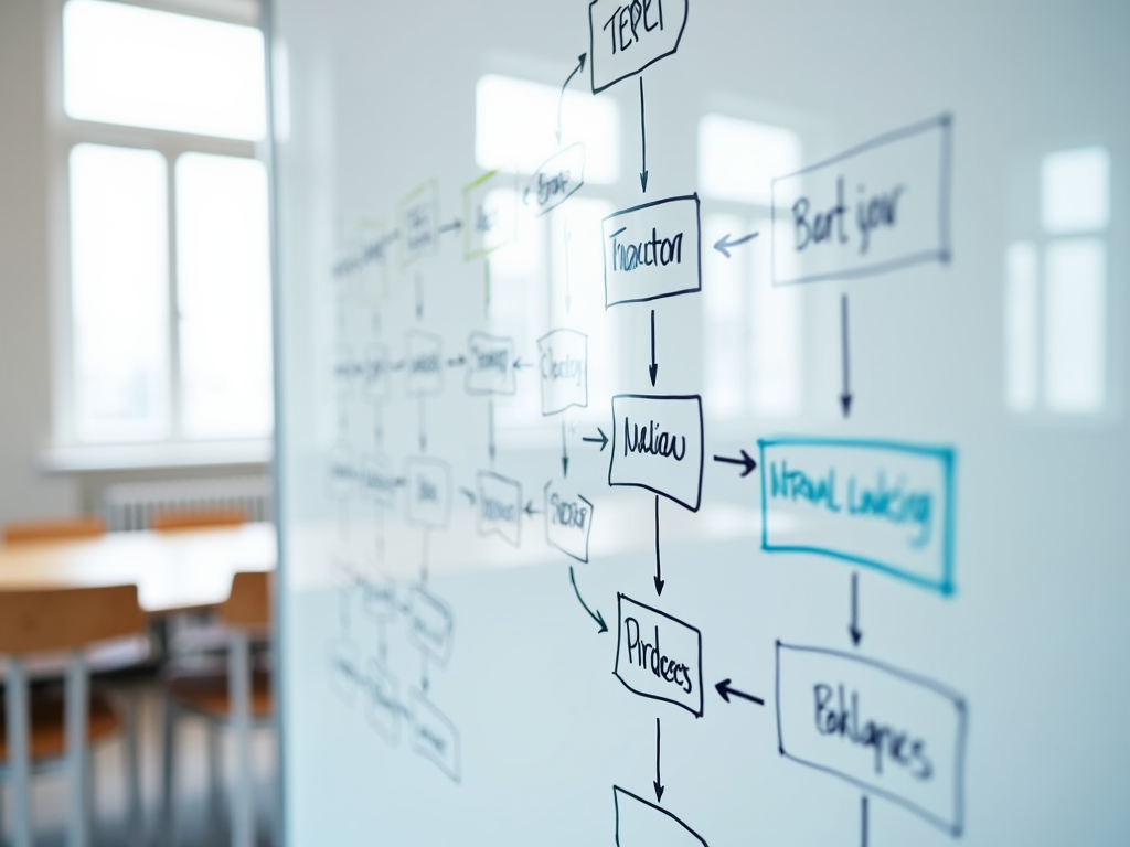 Flowchart on glass board in a bright office, illustrating a business or project workflow with focus on center text.