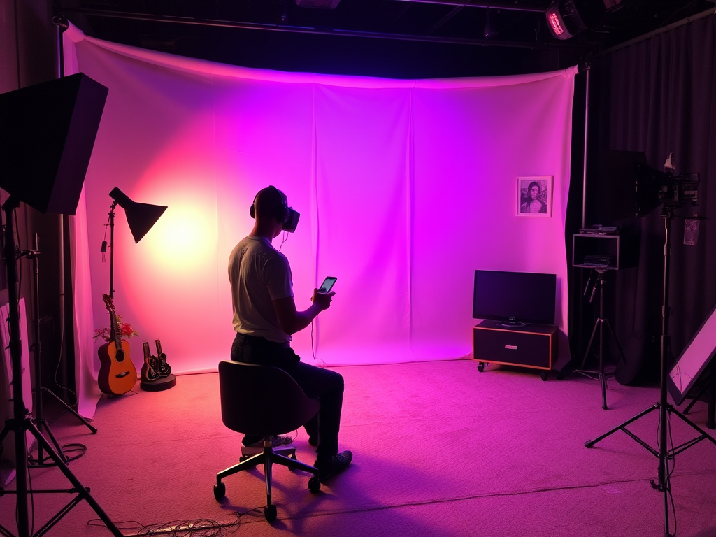 A person wearing a VR headset sits in a dimly lit studio, surrounded by soft purple lighting and equipment.
