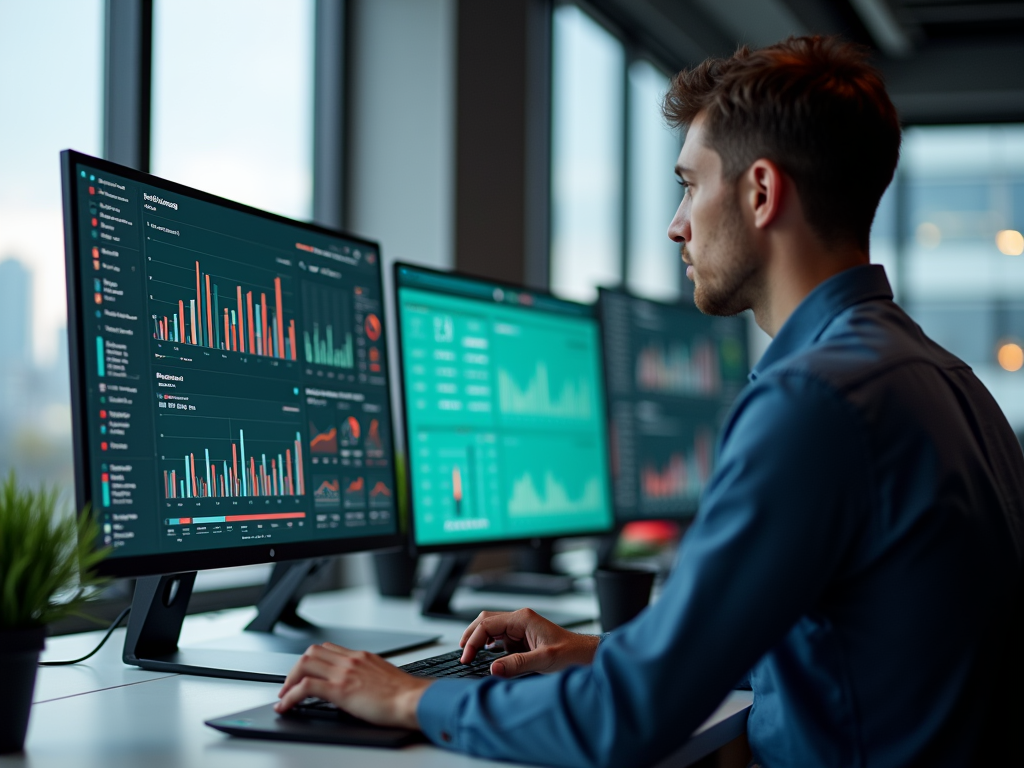 Man in blue shirt analyzing financial data on multiple computer monitors in an office.