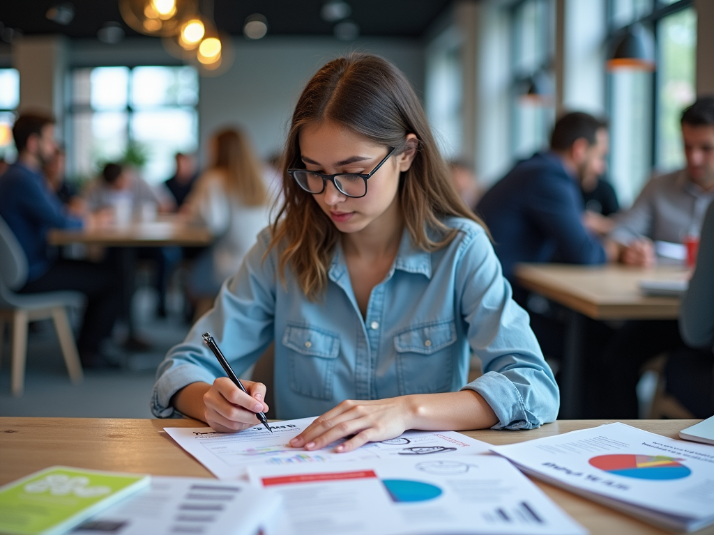 A young woman in glasses writes notes while studying reports and charts in a busy modern workspace.
