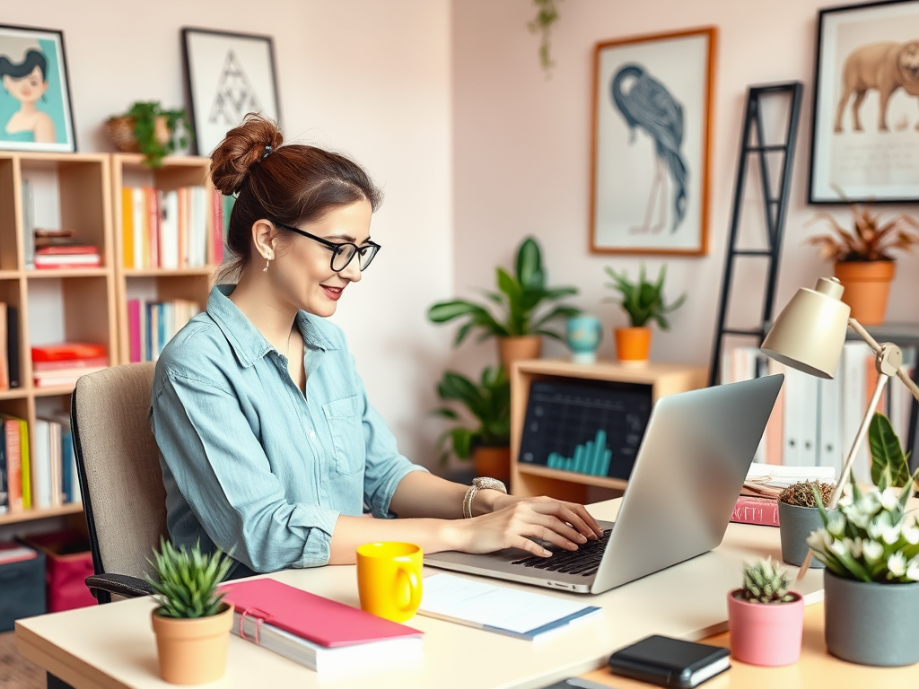 A woman in glasses types on a laptop in a colorful office filled with plants and books.