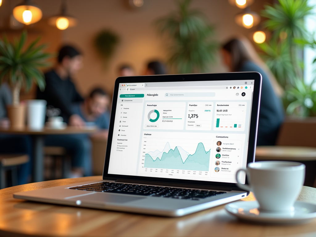 A laptop displays a data dashboard while a cup of coffee rests on a wooden table in a cozy café setting.