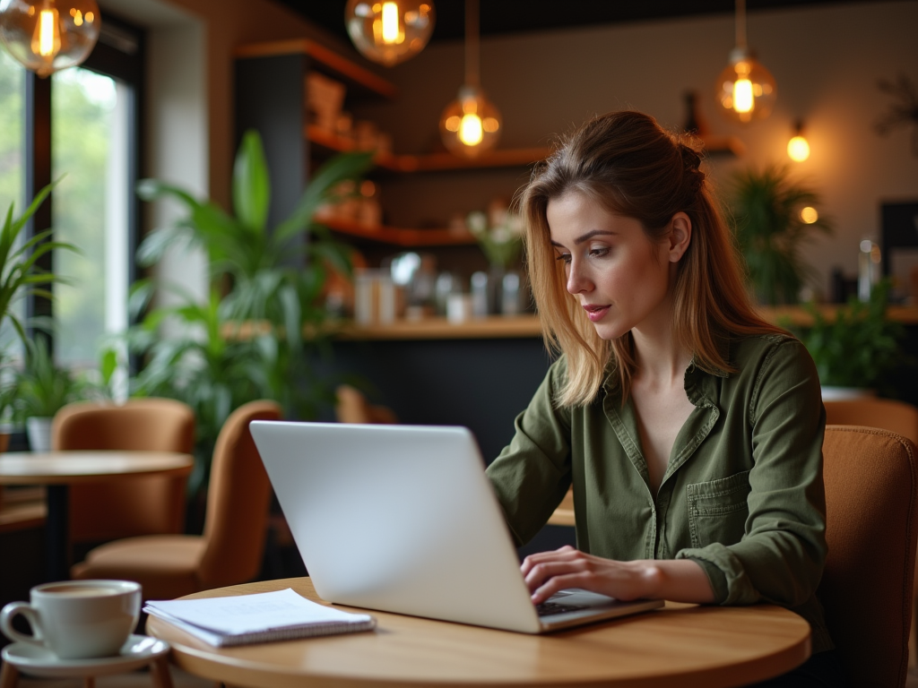 Woman working on laptop in a cozy cafe setting with warm lighting.