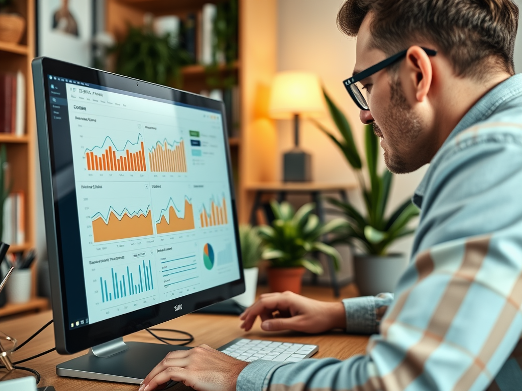 A man analyzes data on a computer screen, surrounded by plants and a cozy workspace.
