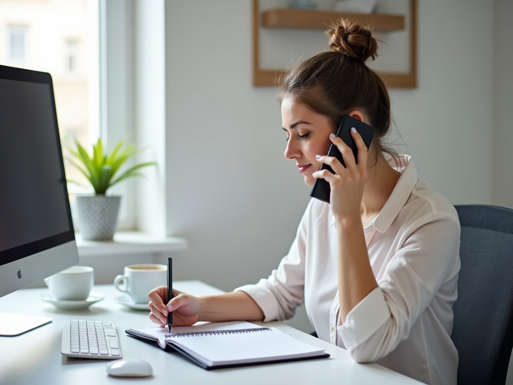 Woman at desk talking on phone and writing in notebook, with computer and coffee cup.