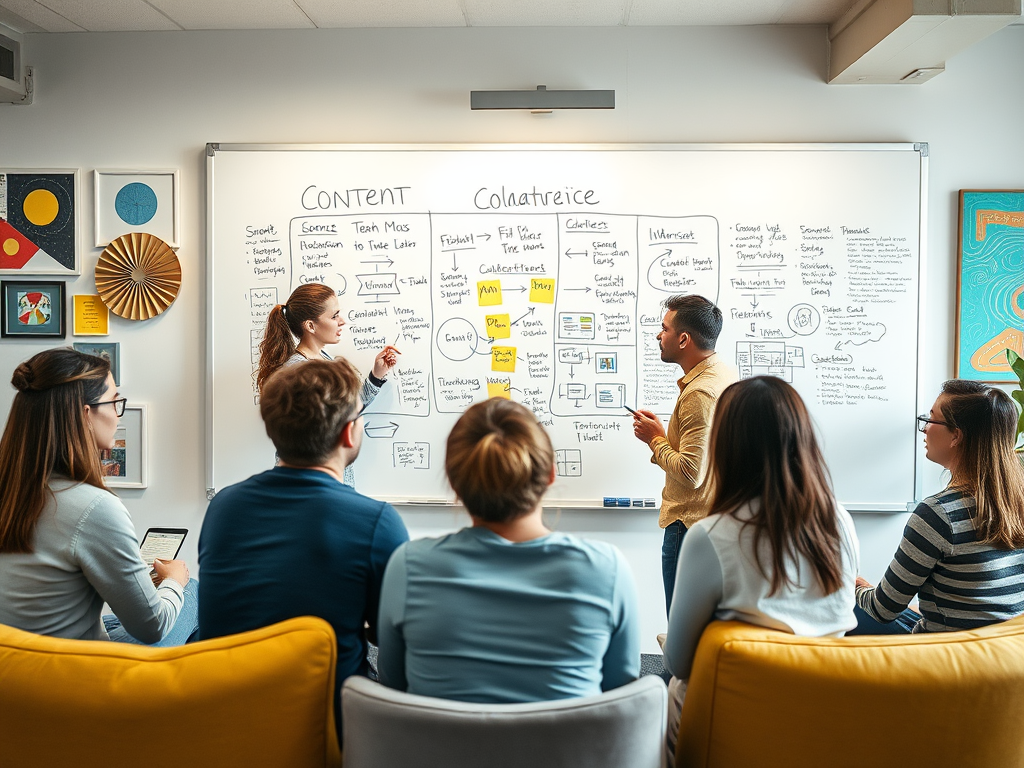 A team discusses ideas in front of a whiteboard filled with notes, while seated listeners engage attentively.