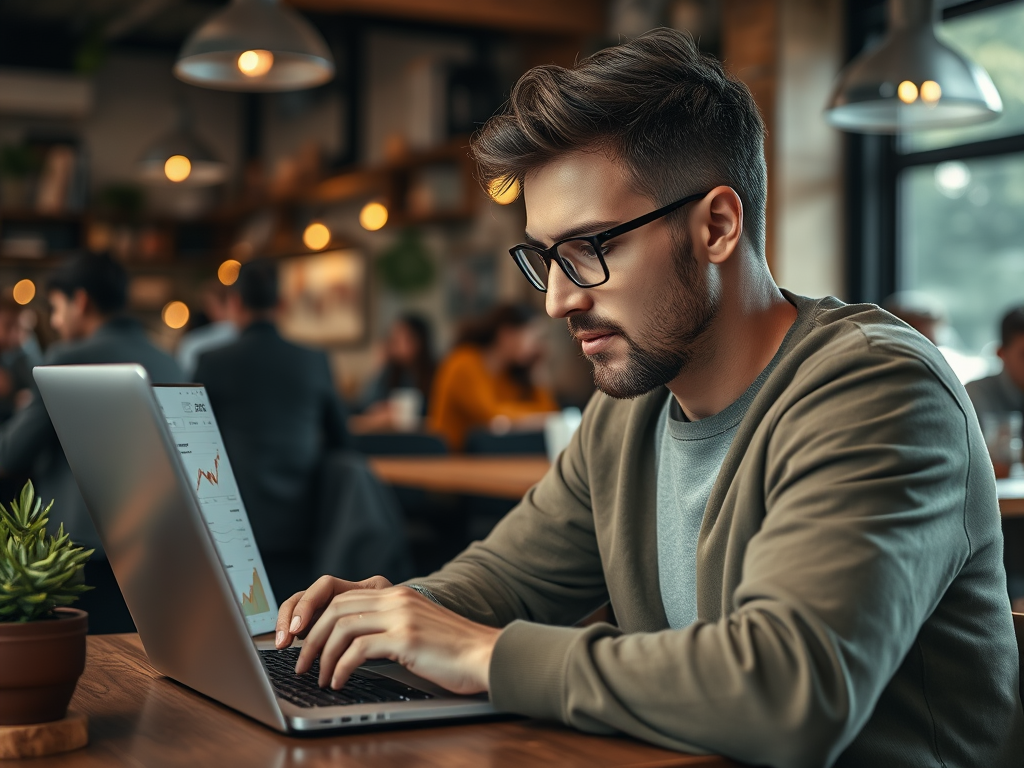 A young man wearing glasses works intently on a laptop in a bustling café, surrounded by other patrons.