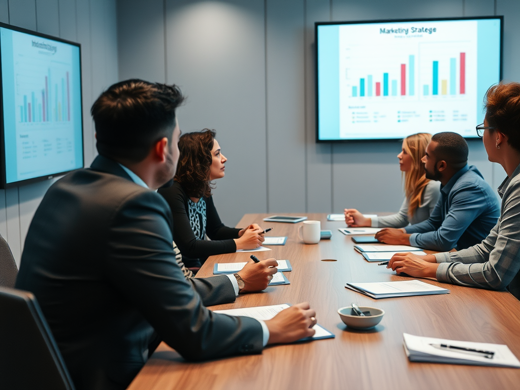 A diverse group of professionals engaged in a meeting, analyzing marketing strategy data displayed on the screen.