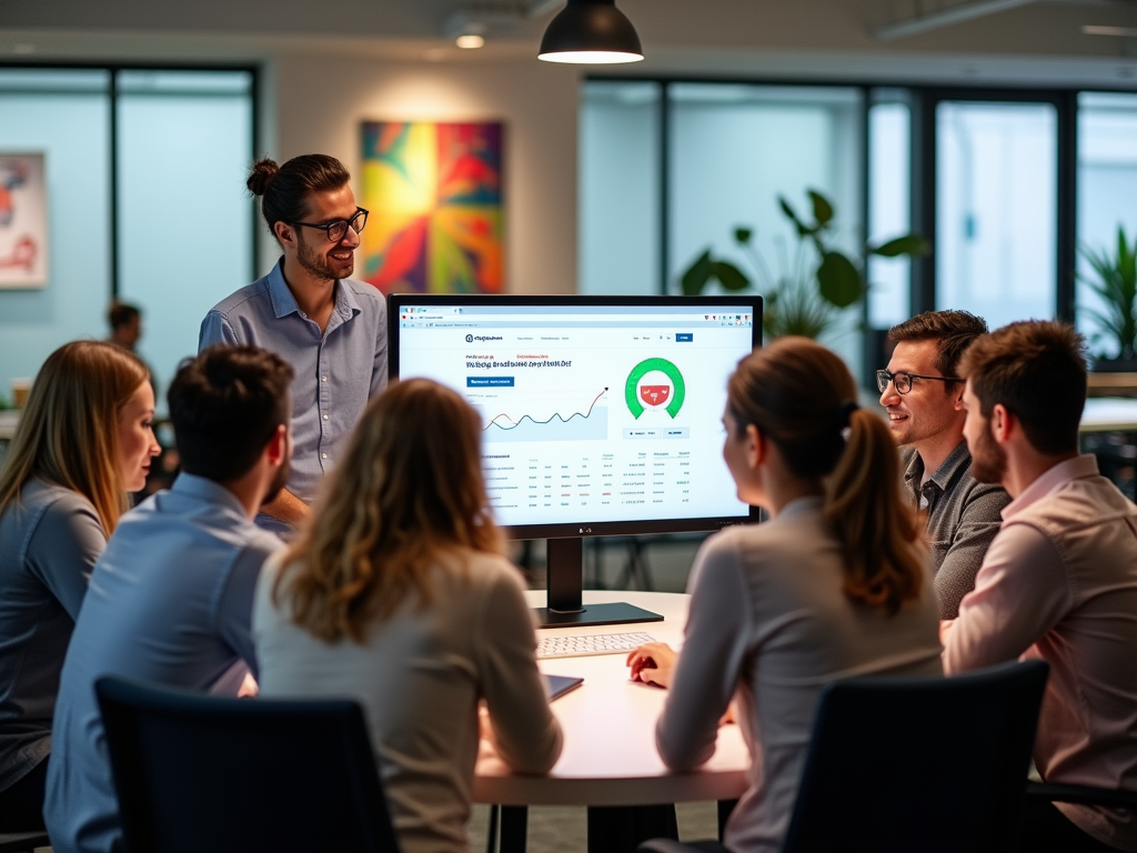 A group of professionals discusses data displayed on a computer screen in a modern office setting.