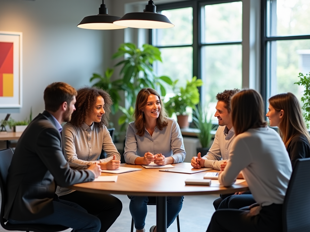 Group of six professionals smiling in a meeting around a conference table in a modern office.