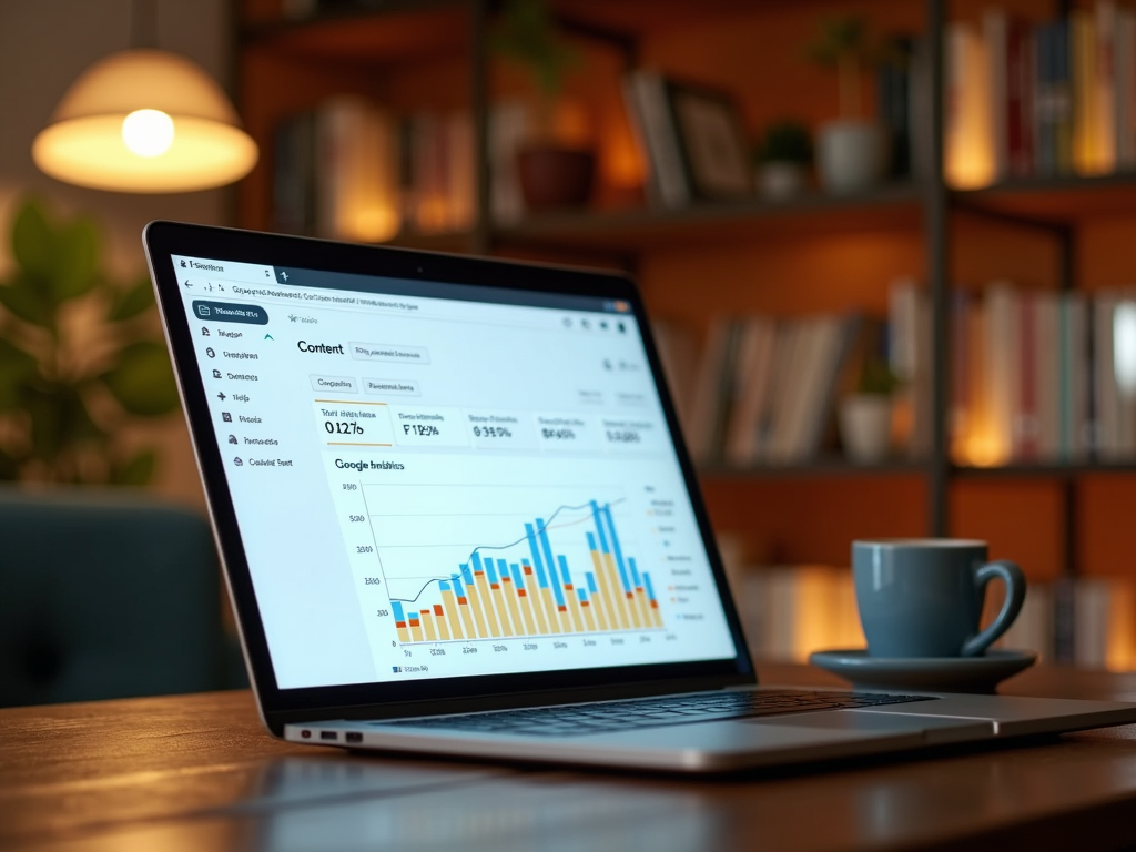 A laptop displaying analytics data on a wooden table next to a coffee cup and a cozy bookshelf backdrop.