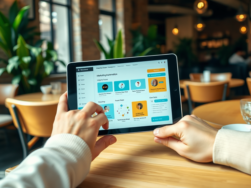A person holds a tablet displaying a marketing automation interface in a cozy café setting.