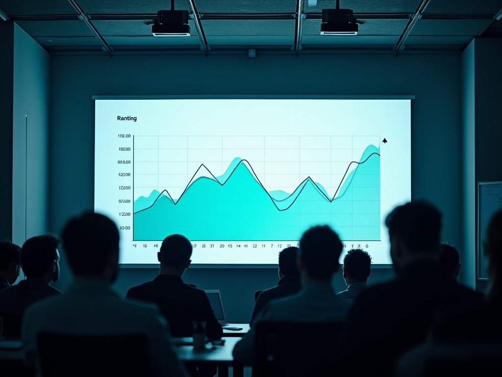 Business people watching a rising trend graph in a presentation in a dark room.