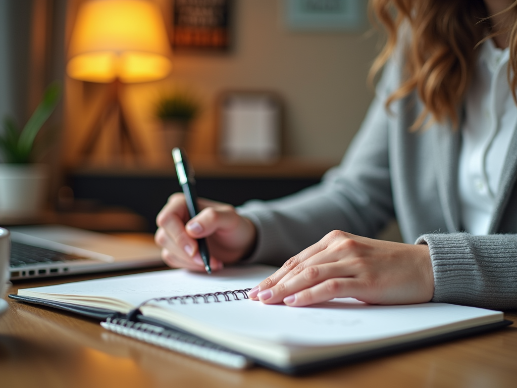 Woman writing in notebook at cozy desk with laptop and lamp.