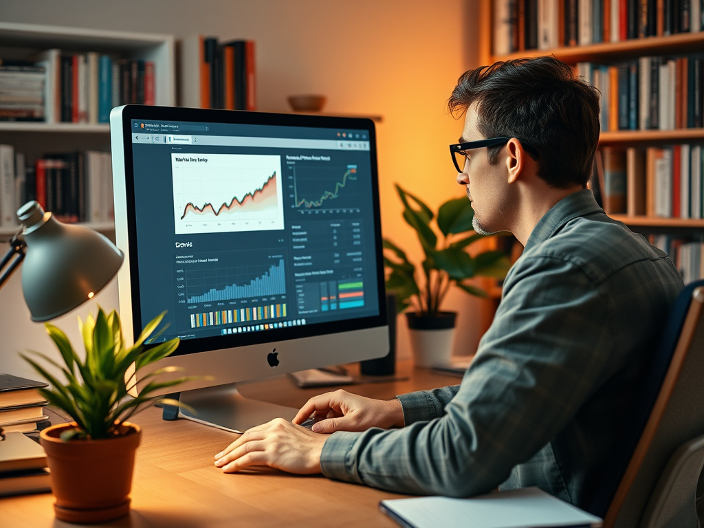 A person analyzes data on a computer screen, with charts and graphs displayed, in a cozy, book-lined workspace.