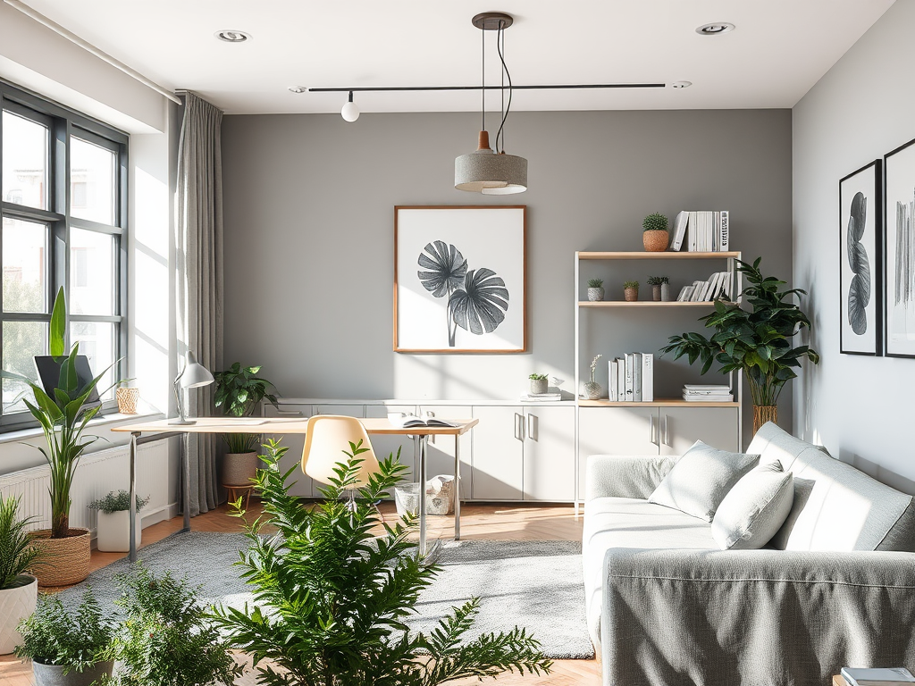 A bright, modern living room with plants, a desk, and stylish furniture against gray walls and large windows.