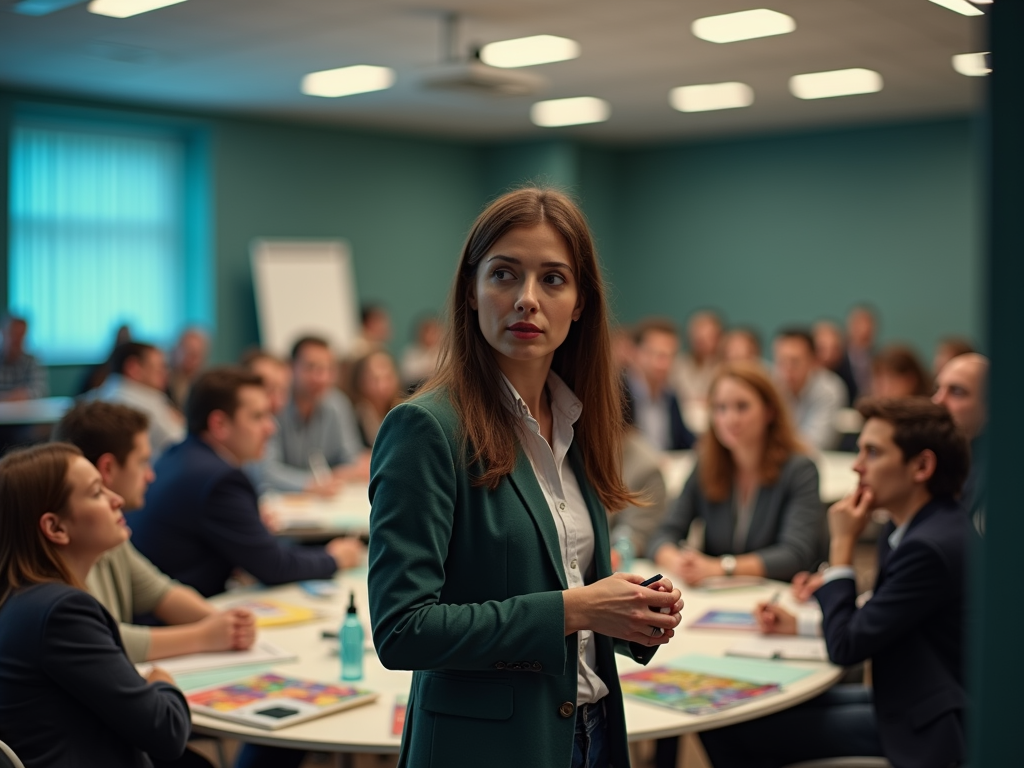 A woman in a green blazer stands before a group, engaged in discussion during a meeting.