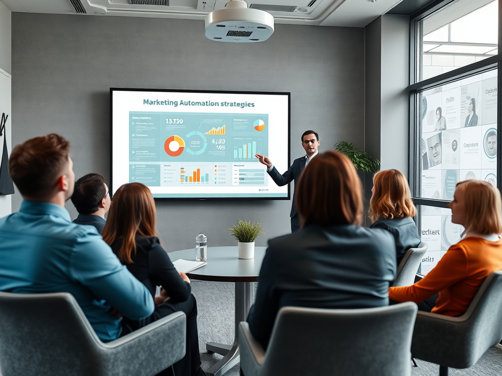 A speaker presents marketing automation strategies to a group in a modern conference room.