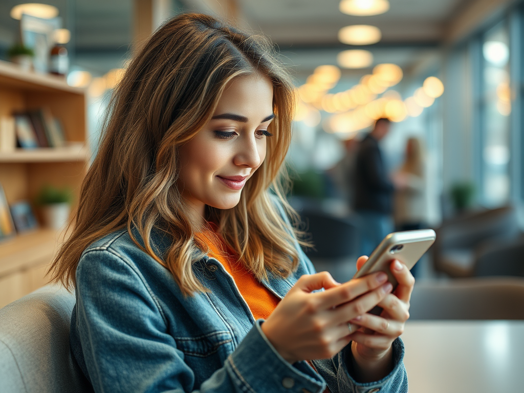 A young woman with wavy hair smiles while texting on her smartphone in a cozy café setting.