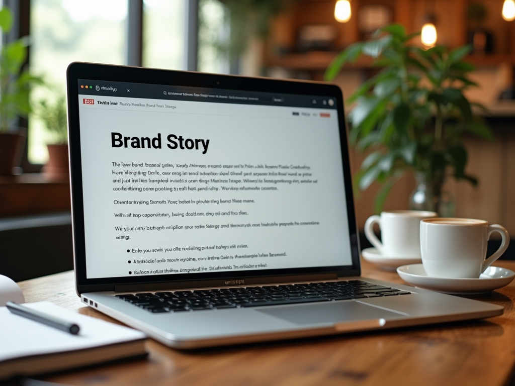 A laptop displays a webpage titled "Brand Story," next to two coffee cups on a wooden table.