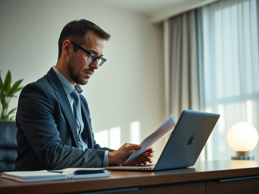 A professional man in a suit reads documents while sitting at a desk with a laptop and a lamp in a modern office.