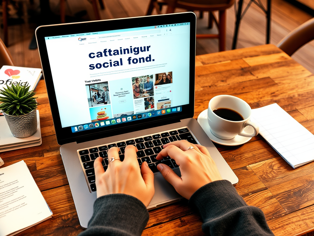 A person typing on a laptop with a coffee cup and a notepad on a wooden table. A small plant is nearby.