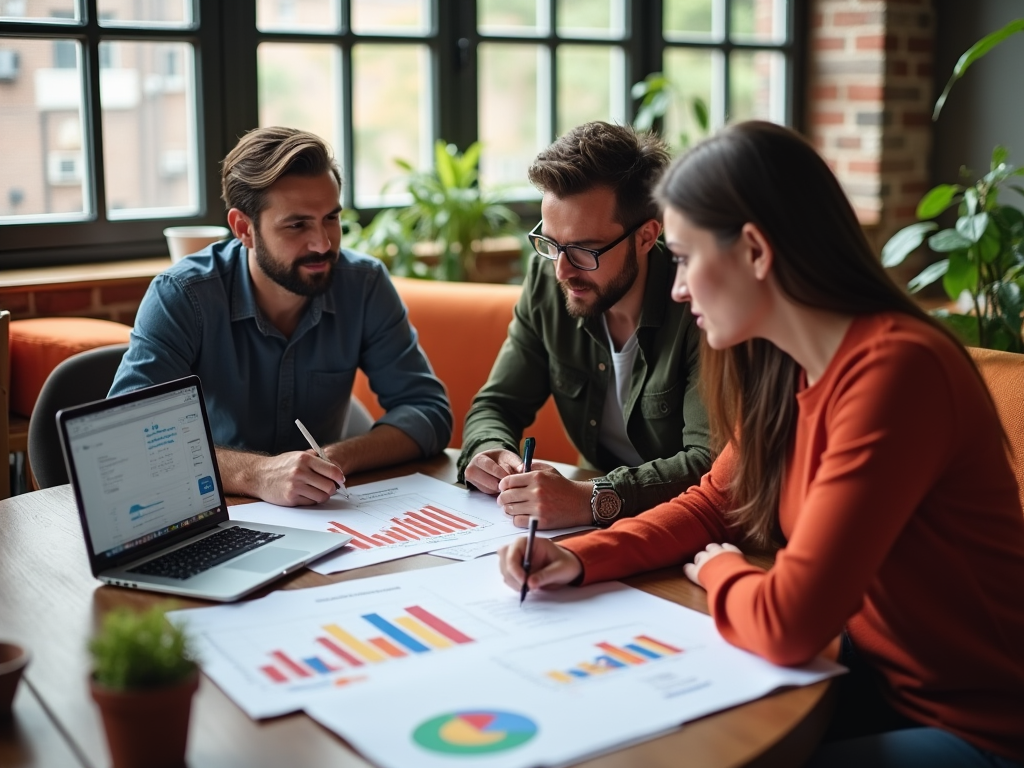 Three professionals discussing graphs and data at a table in an office with laptops.