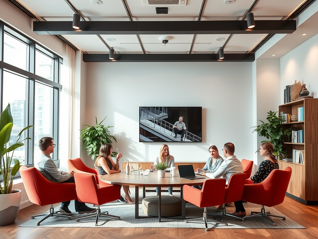 A modern conference room with six people discussing around a round table, a screen displaying a presentation, and plants.