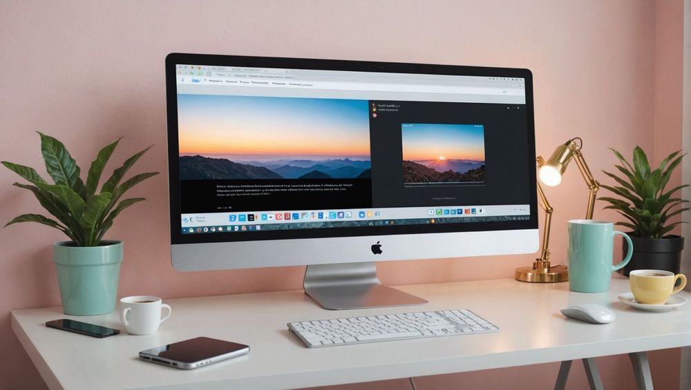 Рабочее место с монитором Apple, на котором открыты изображения заката, растения и кофе.